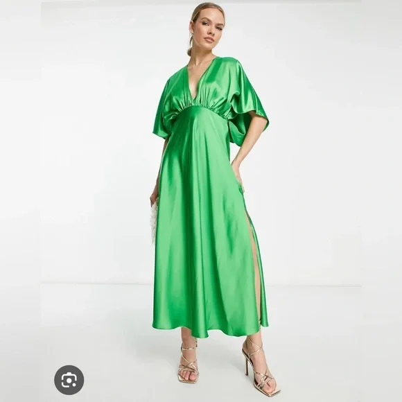 ASOS Design V Front Batwing Sleeve Satin Midi Dress in Bright Green